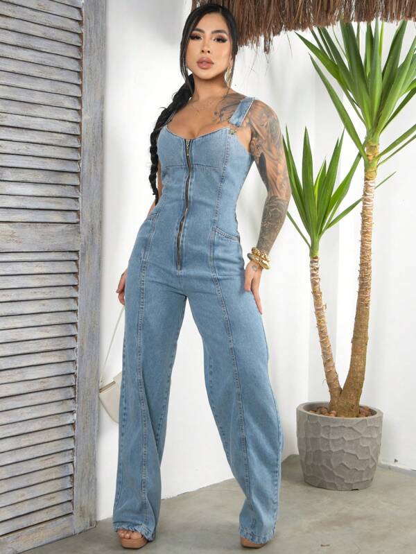 Macacão Jeans Feminino De Alça Zíper Frontal E Bolsos Faca