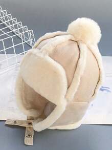 儿童保暖护耳帽，可爱毛茸茸冬季无檐小便帽，男女通用儿童加厚帽，秋冬 - 米色 - 查看 3