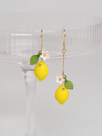 2 Pcs Original Cute Resin Lemon And Flower Drop Earrings For Women Daily Wear Valentines,Mom,Mother,Mother's Day,Gift