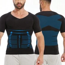 Mens V-Neck Tummy Control T-Shirt Abdomen Gynecomastia Compression Shapewear Tops Body Shaper Slimming Hide Man Boobs Muscle T Shirts - 黑色 - 查看 1