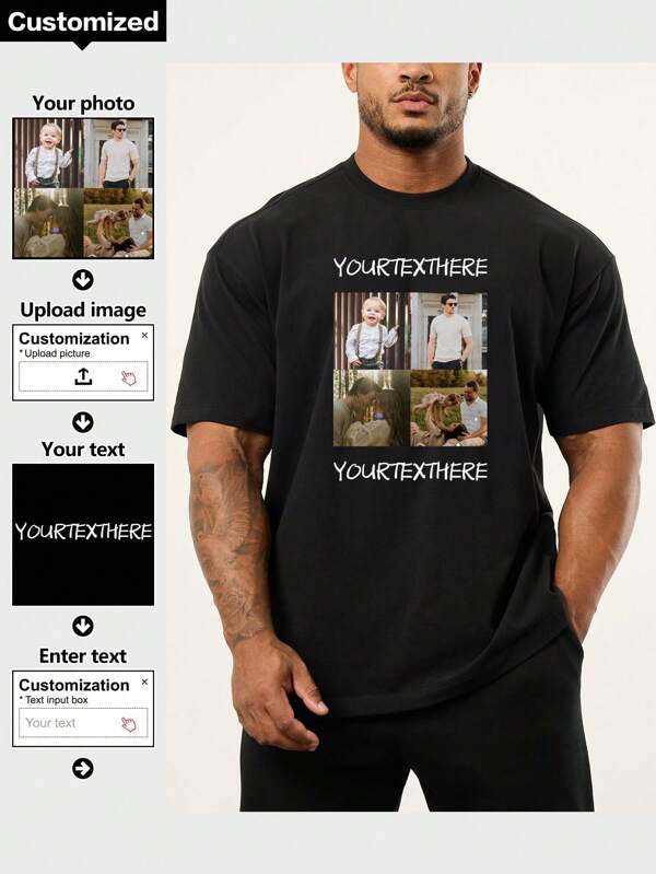 Customized Boyfriend Style Men's T-Shirts, Upload Your Favorite Pictures And Texts As Chest Prints, Pictures And Two Text Designs, Personalized T-Shirt Gifts For Family Members, Friends, Couples. Stylish, Hipster, Fashion, Contracted, Easy Costume, Modest Fashion, Minimal Chic, Casual Custom, Unique Treasurefinds, Guy Costumes, Capsule Wardrobe, Sporty Men Wear, Men Basic/Street Style Ideal Gifts For Him Boyfriend, Family, Friends, Children For Birthdays, For Vacation/Holiday