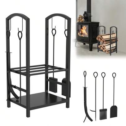 LILIIN Firewood Rack With 4 Fireplace Tools Black Wrought Iron Firewood Holder For Indoor And Outdoor Use, 40 X 38 X 75 Cm Wood Rack For Fireplace And Stove