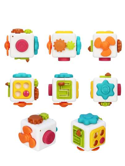 1 件蒙特梭利教育拼图立方体 6 合 1 多功能玩具，早期学习认知发展，灵活手指锻炼，包括孔、风扇、按钮、声音盘、齿轮、轨道、镇静玩具、软橡胶材质、高温消毒