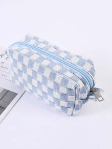 Túi đựng mỹ phẩm đan Checkerboard Túi đựng đồ đan Túi đựng đồ vệ sinh cá nhân Túi đựng mỹ phẩm dung tích lớn di động - Xanh và trắng - Xem 5