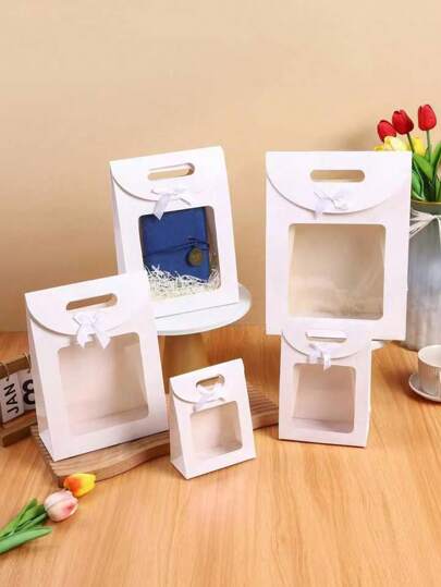 5pcs White Flap Bow Gift Bags With Window, Extra Small/Small/Medium/ Large/Extra Large Size, For Gifts, Weddings, Parties, Christmas, Birthdays, Baby Showers Valentine's Day