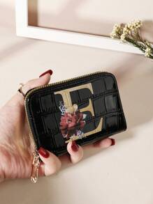 Cartera organizadora de tarjetas con cremallera alrededor, estampado de flores y hojas en acuarela, letras del alfabeto con relieve de piedra y estampado de cocodrilo, de múltiples capas, portátil y minimalista, ideal como regalo de aniversario, cumpleaños, para pareja, niña, mujer, para llevar a la escuela, universidad o como complemento de moda - Negro - Ver 25