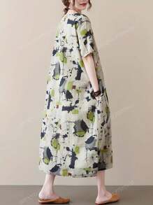 Vintage Print Artistic Midi Dress With Short Sleeves, Mid-Length, For Women