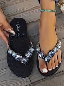 女士方形水钻装饰平底人字拖凉鞋，TPR 防滑鞋底，适合户外度假和海滩，拖鞋 - 黑色鞋底藍鑽(偏小一號) - 查看 6