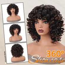 Ombre Brown Wig 14 Inch Curly Wigs Short Curly Wig With Bangs Heat Resistant Synthetic Fiber Hair Cosplay Wigs - 漸層棕色 - 查看 8