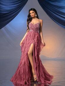 QOQ仙女风女士正式礼服浪漫晚礼服，适合婚礼、鸡尾酒会、慈善舞会等场合，露背亮片网纱礼服，春季款 - 藕粉色 - 查看 6