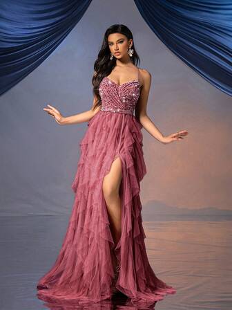 QOQ 仙女风格女士礼服浪漫晚礼服，适合婚礼活动、鸡尾酒会、慈善舞会露背亮片网眼礼服舞会礼服