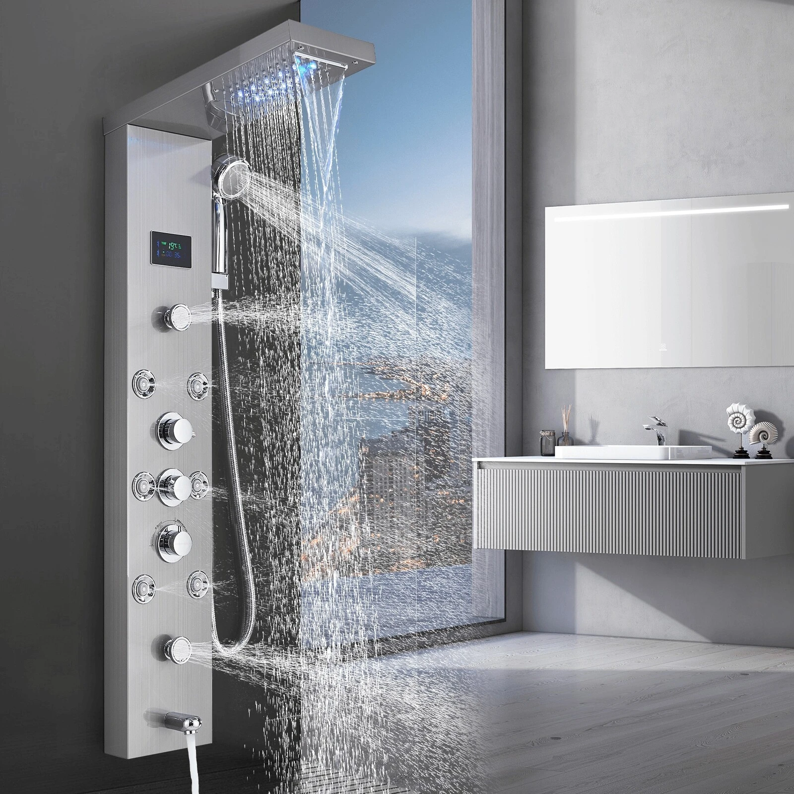Bathroom Shower Panel Tower System LED Temperature Display Body Massage