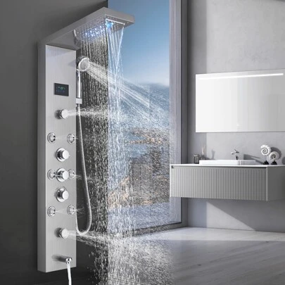 Bathroom Shower Panel Tower System LED Temperature Display Body Massage Jets Shower Set Waterfall Rain Shower Head 6 Functions Temperature