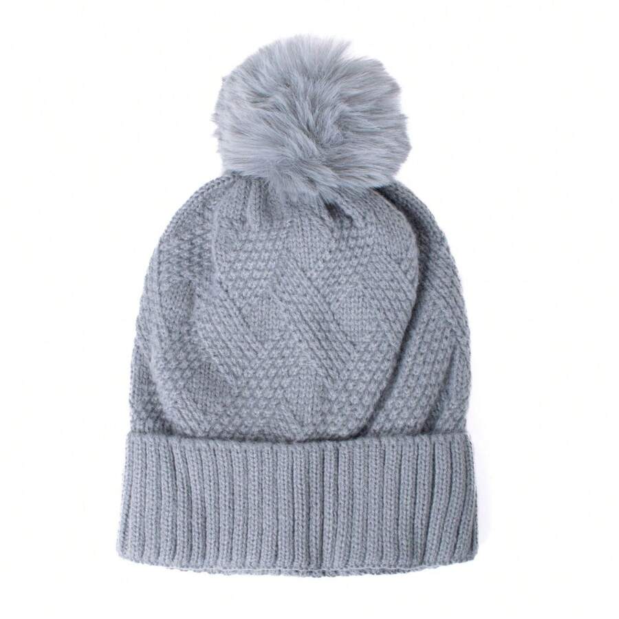 Women's Cozy Winter Cable Knit Beanie With Faux Fur Pom - Warm And Stylish Cold Weather Essential - Màu Xám nhạt - Xem 1
