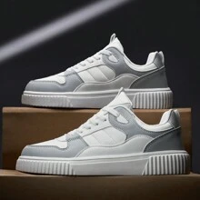 男女通用大码（35-45）休闲系带运动鞋 - 纯色低帮 PU 运动鞋，圆头配织物衬里，橡胶外底，织物鞋垫，适合日常穿着，四季皆宜 - 灰色 - 查看 3