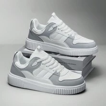 男女通用大码（35-45）休闲系带运动鞋 - 纯色低帮 PU 运动鞋，圆头配织物衬里，橡胶外底，织物鞋垫，适合日常穿着，四季皆宜 - 灰色 - 查看 4