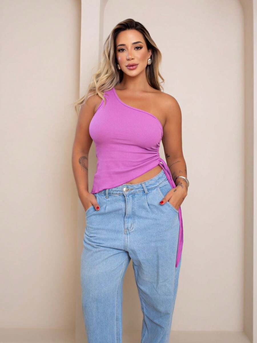 Bata Blouse With Long Sleeves, Side Tie, Foreign Fashion, Casual - Lilac Purple - View 1