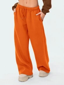 Women's Casual Joggers Sweatpants Solid Color Drawstring High Waist Wide Leg Trousers - Orange - View 2