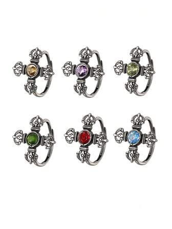 100% Natural Stone Citrine/Amethyst/Garnet/Diopside/Peridot/Topaz Ring S925 Sterling Silver Unique Vintage Cross Design Women's Ring Daily Wear Fashion Jewelry Accessories