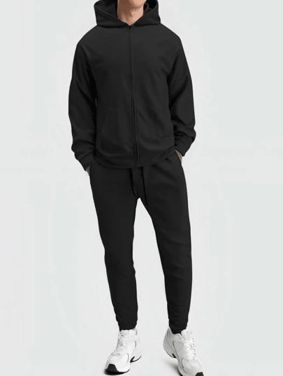 New Zipper Sweatshirt Hoodie & Pants Casual Sports Suit Men's Solid Color Two Pieces Set