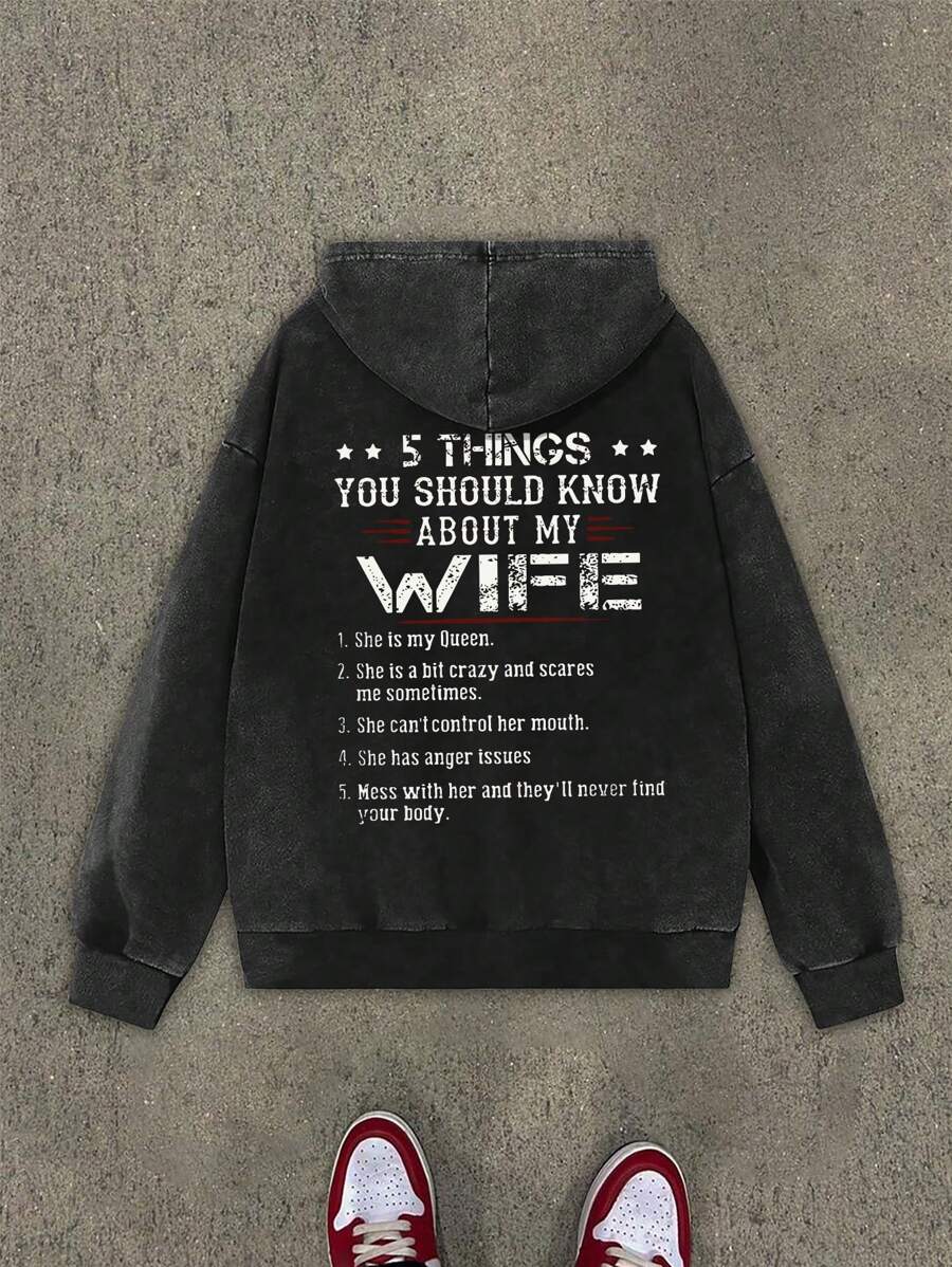 Men's Funny Letter Print Zipper Washed Sweatshirt - Black - View 1