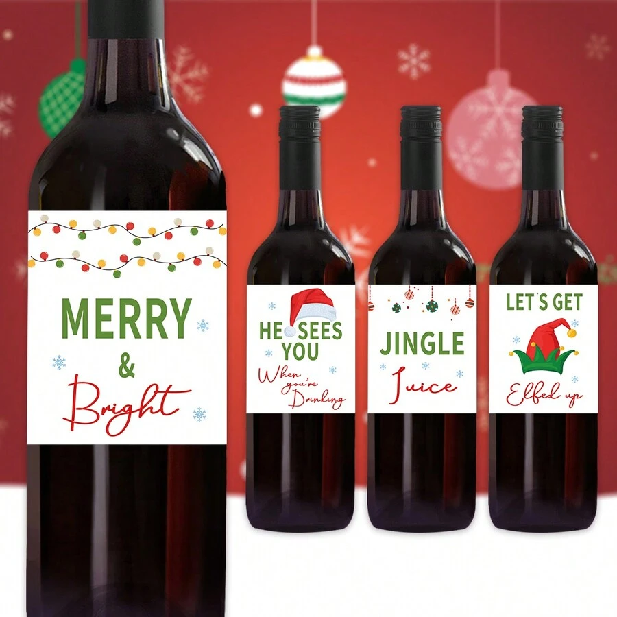 4 piezas Etiquetas divertidas de botellas de vino navideñas, diseño de gorro de Papá Noel, calcomanías de botellas de vino champán, etiquetas novelosas de botellas de vino para decoración de fiestas navideñas, regalos para amigos y familiares
