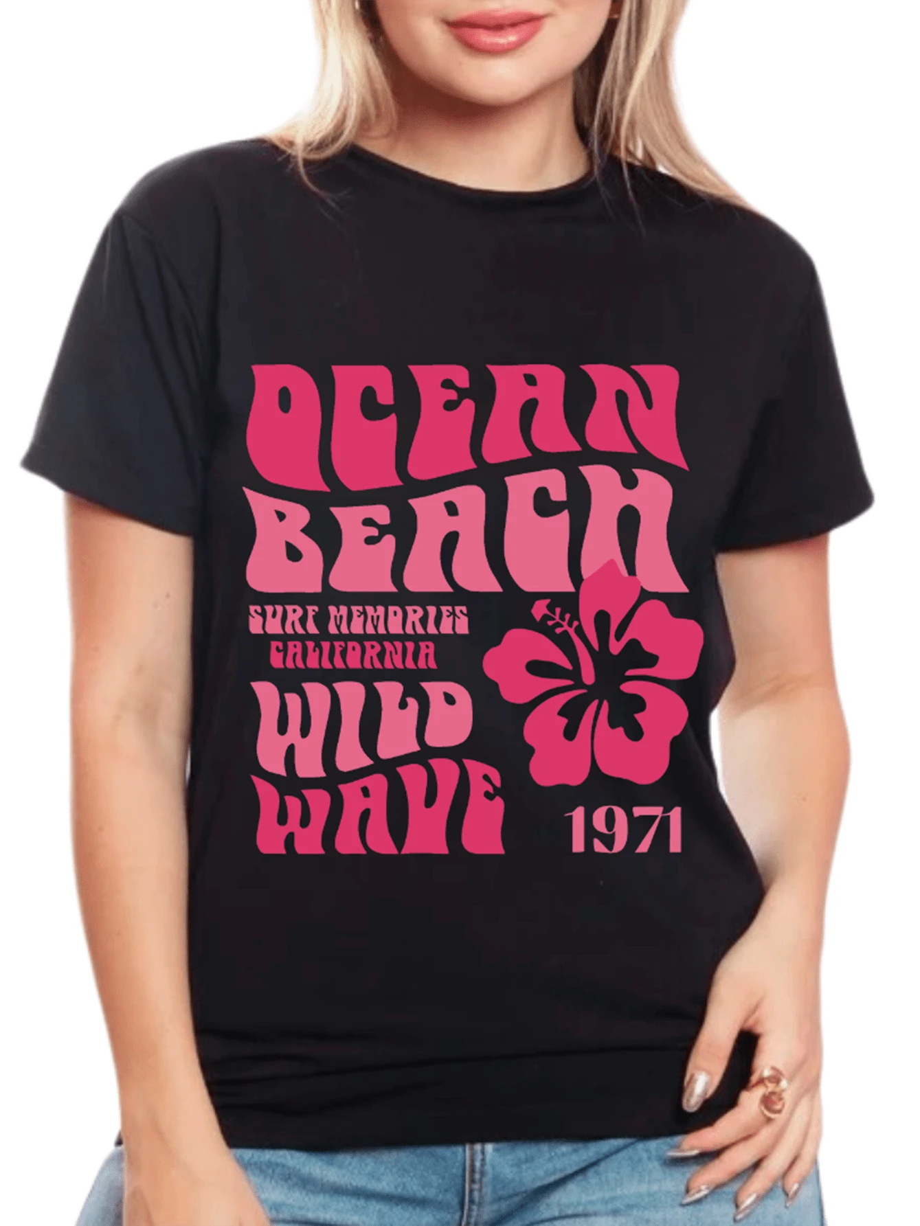 Women's Baby Look Ocean Beach Wild Wave T-Shirt - Tumblr Style / NEW RELEASE - màu đen - Xem 1