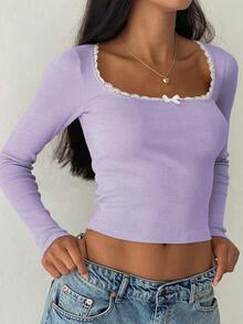 Contrast Lace Long Sleeve Knit Crew Neck Fitted T-Shirt - Mauve Purple - View 4