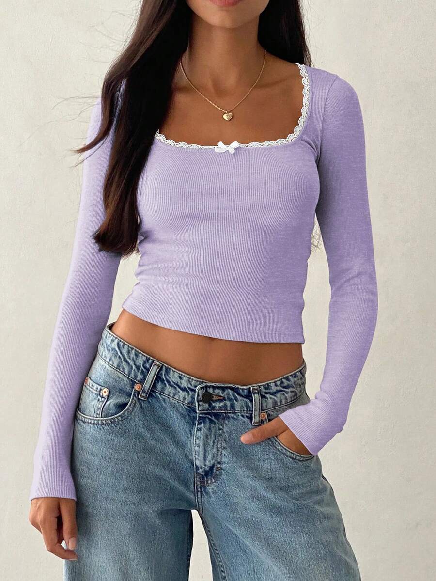 Contrast Lace Long Sleeve Knit Crew Neck Fitted T-Shirt - Mauve Purple - View 1