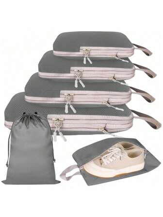 6pcs Compression Packing Cubes For Suitcases, Light Travel Suitcase Organizer Bags Set, With Shoe Bag, Expandable Packing Luggage Organizer Bags, Space-Saving Travel Essentials Accessories Travel Organizer For Clothes Luggage Storage Bag Set Packaging Bag For Cruise Holiday Beach Vacation Stuff Summer Travel Essentials For Ladies Woman Suitcase Underwear Bag Room Decor