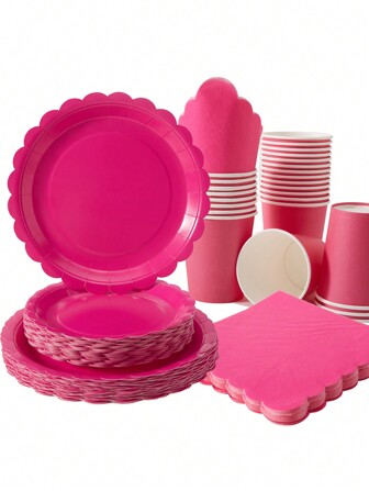 Fuchsia Floral Disposable Plates, Napkins And Cups Set, Fits 25 Guests. Fuchsia Floral Disposable Plates, Napkins And Cups Party Supplies Suitable For Birthday, Wedding, Party And Family Picnic