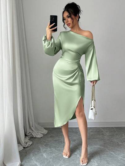 abyoxi Solid Color Elegant Asymmetrical Neck Long Sleeve Waist Handmade Pleated Sexy Satin Dress,Dating,Party,Simple,Back To School,Fall/Winter Clothes For Women