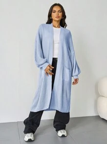 Longline Balloon Sleeve Knitted Cardigan Live1,Basic Plain Fall & Winter Clothes,Lady's Side Pocket Open-Front Womenswear - 藍色 - 查看 3