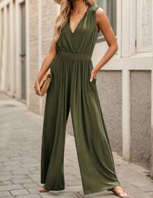 Womens Jumpsuit Cross V Neck Sleeveless One Piece Jumpsuits For Womens Dressy Casual Romper Outfits - 軍綠色 - 查看 1