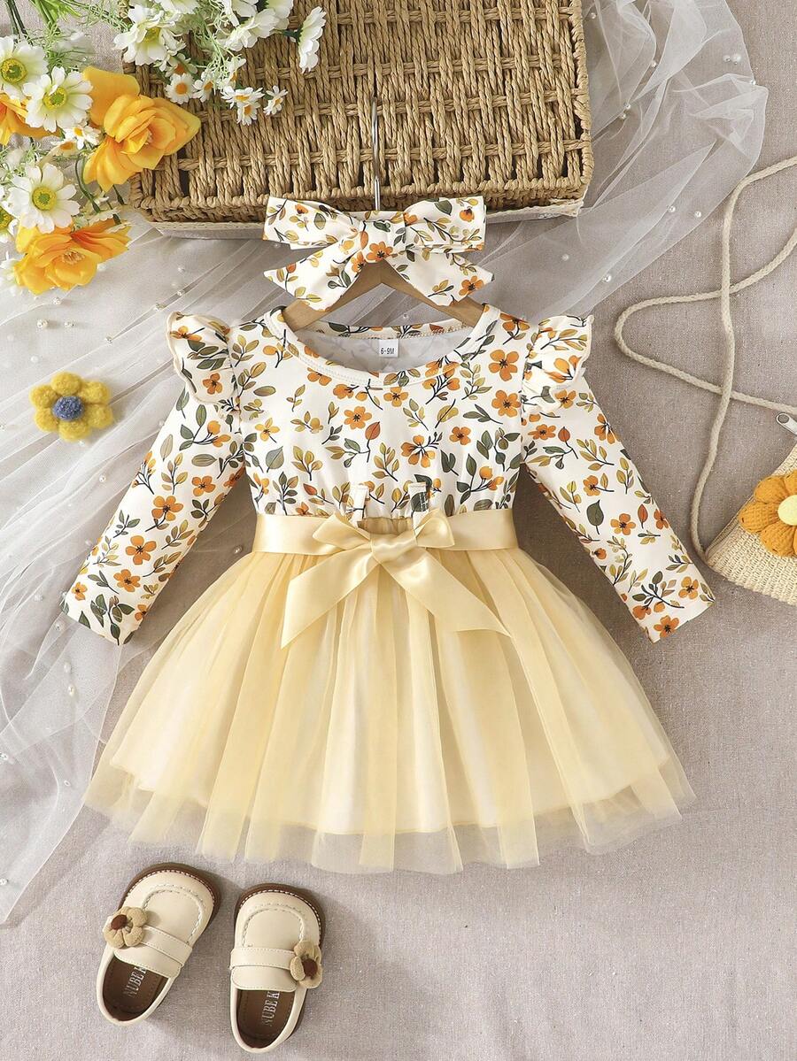 秋季女婴花卉印花荷叶边长袖圆领上衣和双层网眼连衣裙，配有头带和腰带 3 件/套 - 黃色 - 查看 1