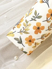 秋季女婴花卉印花荷叶边长袖圆领上衣和双层网眼连衣裙，配有头带和腰带 3 件/套 - 黃色 - 查看 3