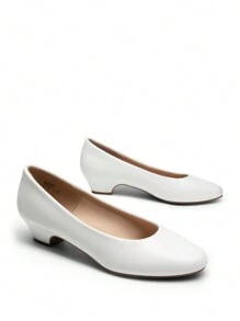 Women's Low Chunky Heel Solid Color Pumps Round Toe Comfortable Versatile Work Formal Occasions Shoes - White - View 6