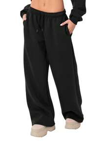 Women's Casual Joggers Sweatpants Solid Color Drawstring High Waist Wide Leg Trousers - Black - View 1