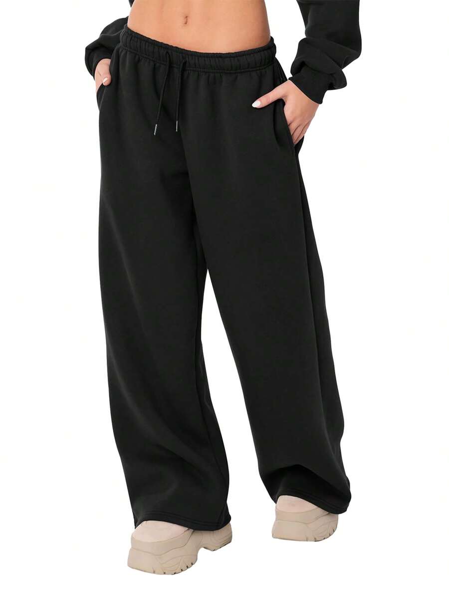 Women's Casual Joggers Sweatpants Solid Color Drawstring High Waist Wide Leg Trousers - Black - View 1