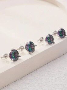 1 Cặp bông tai đinh tán vặn vít 3 chấu bằng bạc Sterling 925 Minimalist Rainbow Cubic Zironia, kích thước 8mm/7mm/6mm, hộp quà tặng - Bạc - Xem 3