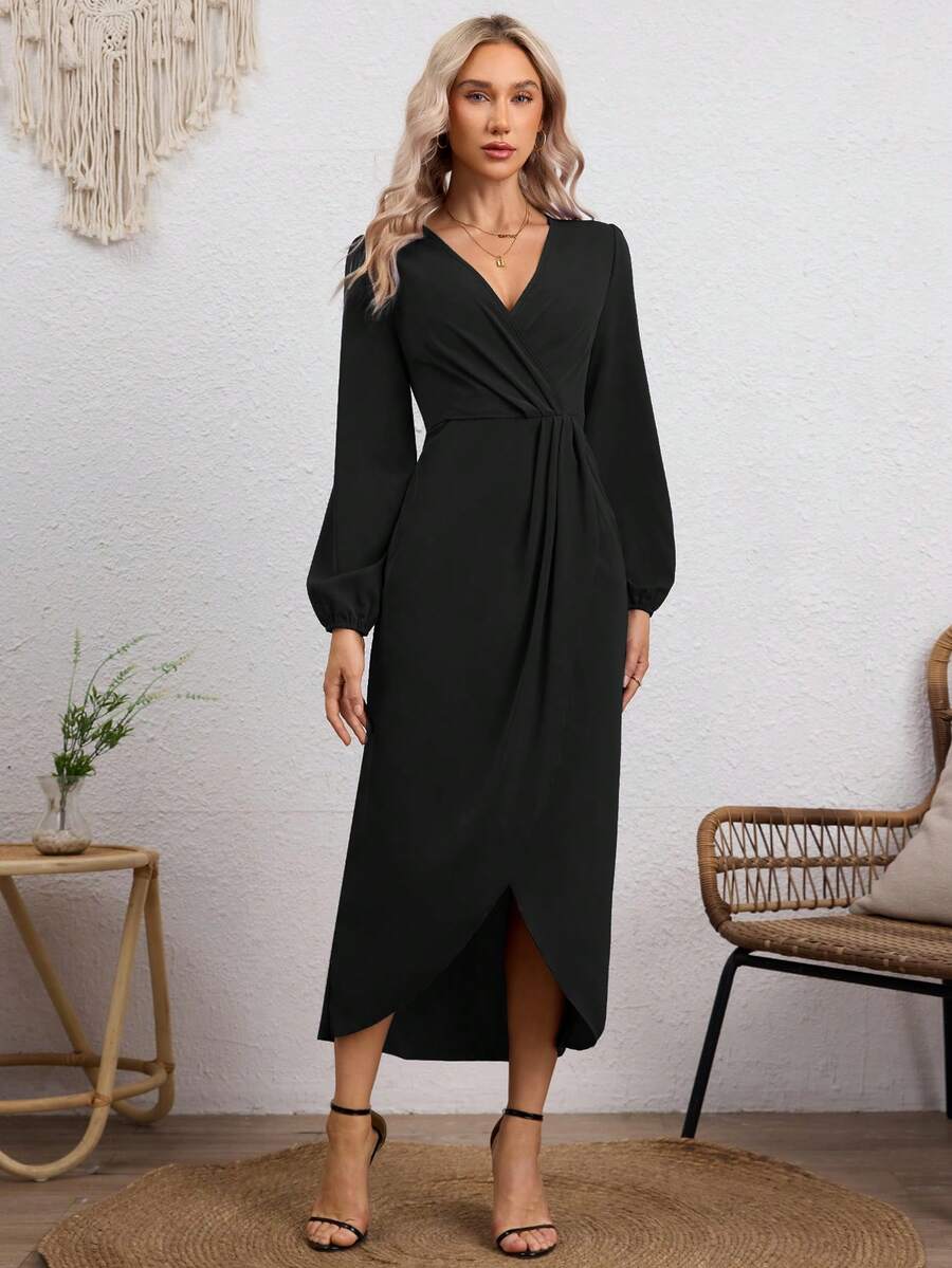 Vestido Midi Con Escote En V Profundo Para Mujeres,Vestido Elegantes De Manga Larga Con Diseño Dividido Asimétrico