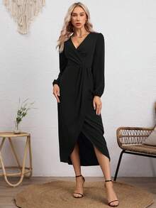 Vestido Midi Con Escote En V Profundo Para Mujeres,Vestido Elegantes De Manga Larga Con Diseño Dividido Asimétrico - Negro - Ver 5