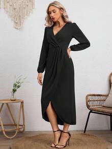 Vestido Midi Con Escote En V Profundo Para Mujeres,Vestido Elegantes De Manga Larga Con Diseño Dividido Asimétrico - Negro - Ver 6
