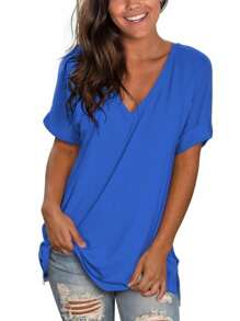 Women's Tshirts Casual V Neck Short Sleeve Loose Summer Tunic Tops - Royal Blue - View 1