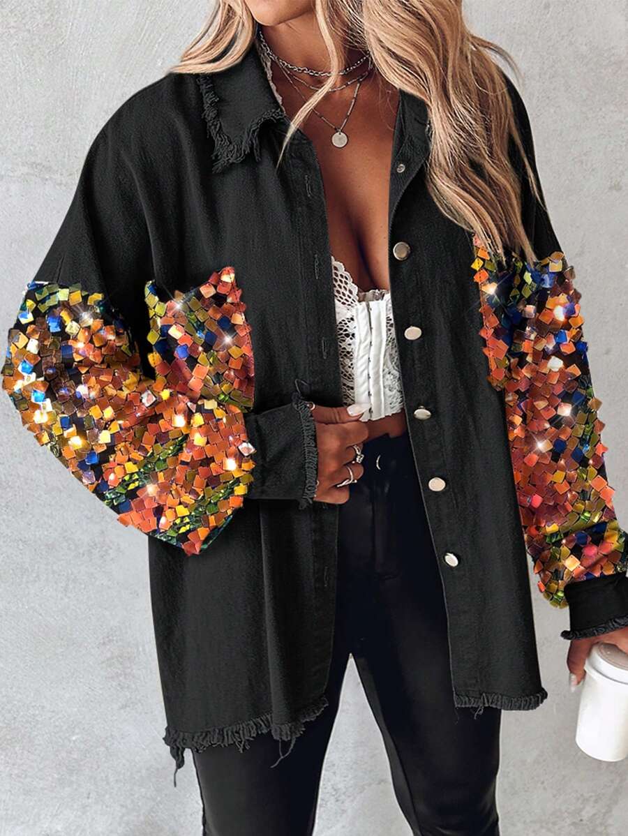 ChicMe Contrast Color Sequin Long Sleeve Jacket, Button Front, Fuzzy Hem, Loose Shirt Style Top