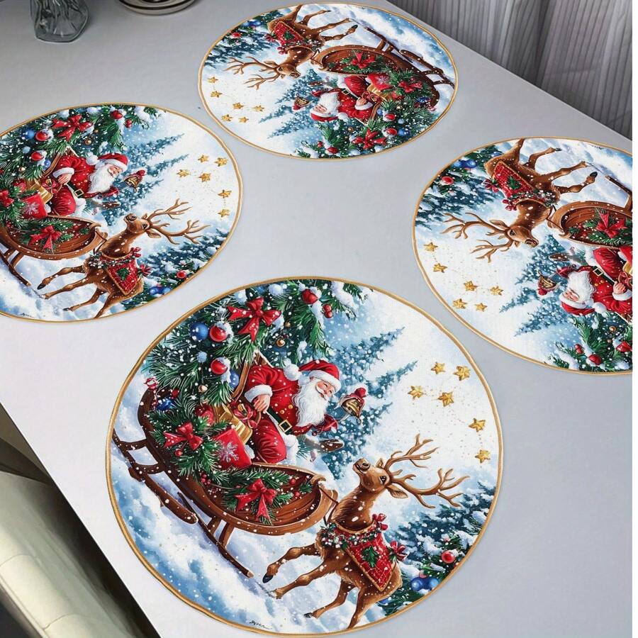 6 Stücke/4 Stücke/1 Stück Weihnachtsfeier Dekoration runde Tischsets, Muster mit Weihnachtsmann und Schneereheindeer - 38 cm Leinenmaterial, rutschfest, hitzebeständig, maschinenwaschbar, Weihnachtsfeier Dekoration runde Tischsets, Durchmesser 38 cm, Party Küche Esszimmer Dekoration, Weihnachten Tischdekoration, geeignet für Partys, Küchen