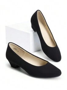 Zapatos de tacón ancho bajo para mujer, de unicolor, con puntera redonda, cómodos y versátiles para trabajo y ocasiones formales - Ante negro - Ver 3
