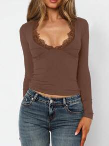 Women's Fashionable Sexy Fitted Lace Trim V-Neck Short Top, Y2K Style Long Sleeve T-Shirt