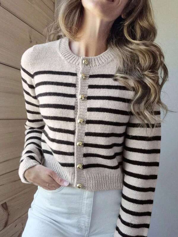 Women's Simple And Fashionable Commuting Round Neck Color Matching Striped Button Long Sleeve Knitted Cardigan Sweater Jacket