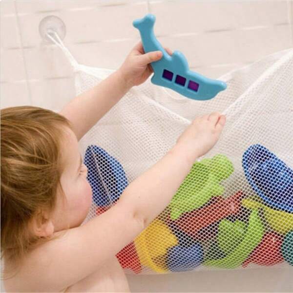 1 pieza Bolsa de almacenamiento de juguetes de baño de red de dibujos animados con ventosa, organizador colgante impermeable para recolección de juguetes de playa